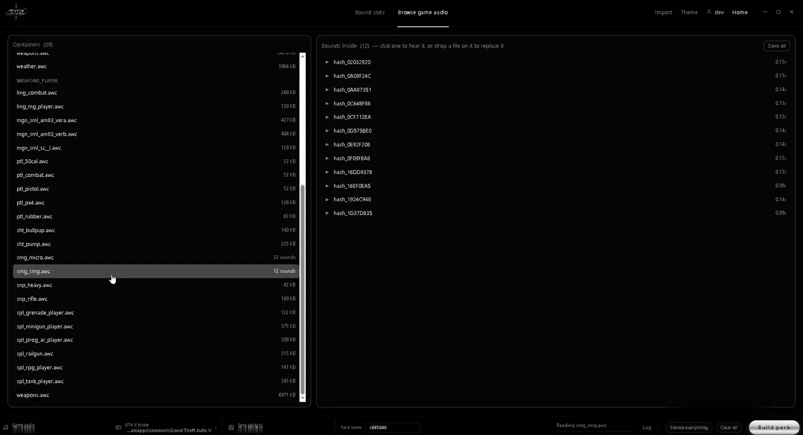 3112 Weapon Sound Packs — browsing the game's audio containers and sounds