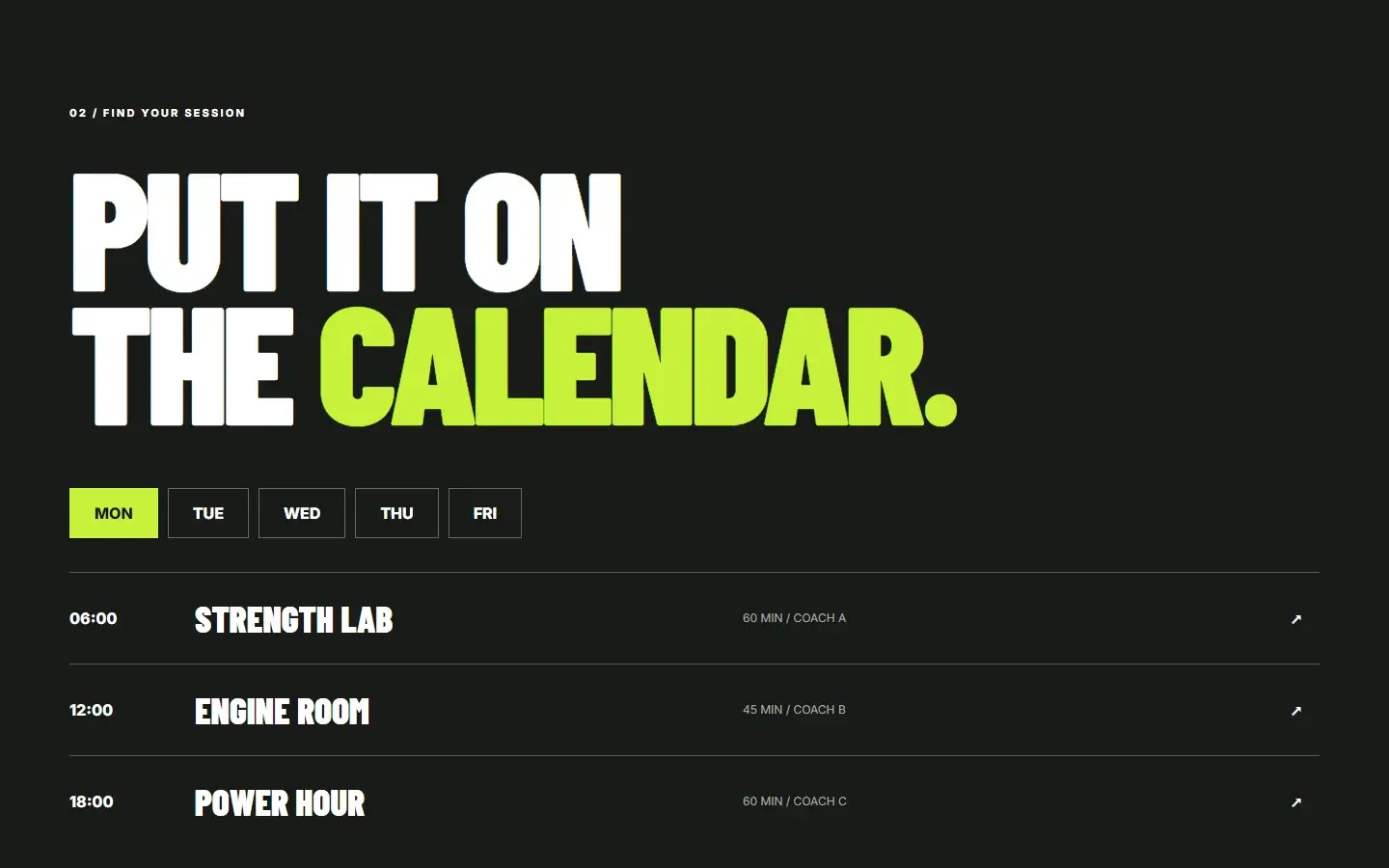 Athletic Dept. — the weekly class schedule