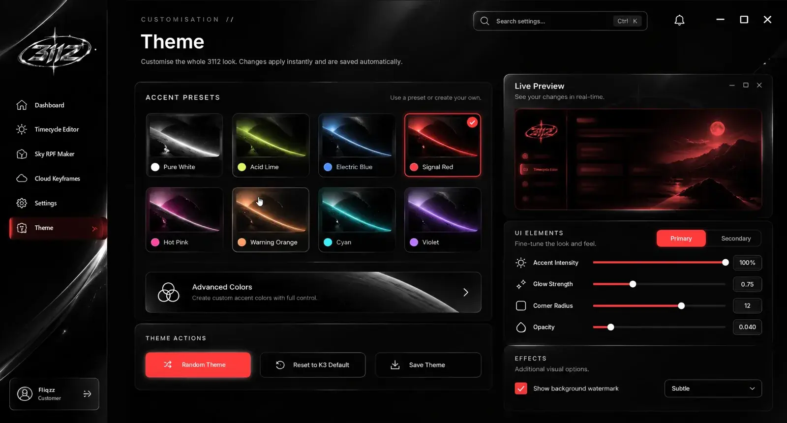 3112 Studio — the Theme page with accent presets and a live preview
