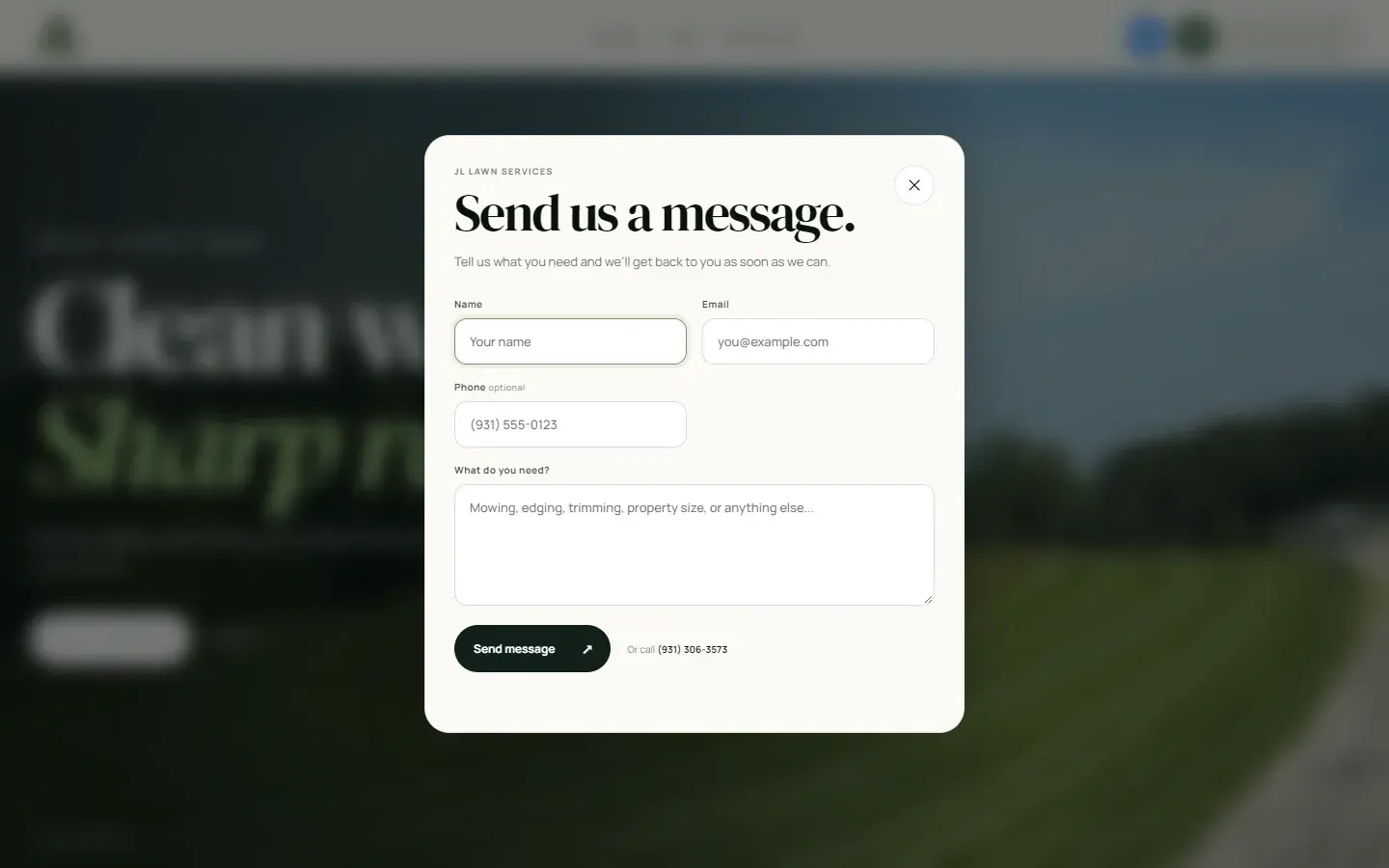 JL Lawn Services — the contact form open over the page