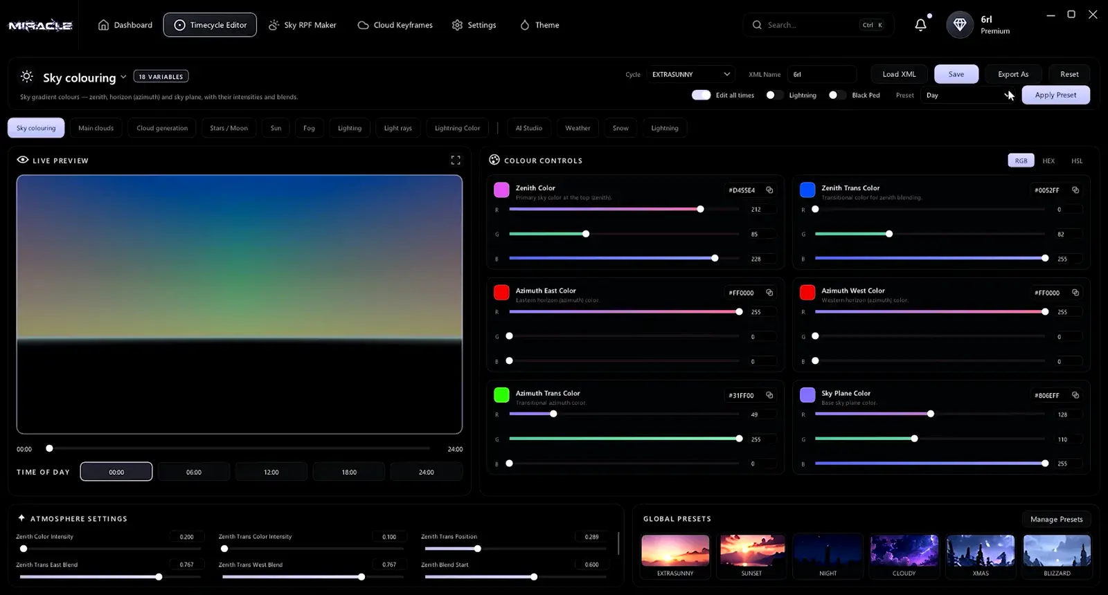 Miracle Studio — the Timecycle Editor's sky colouring with its live preview