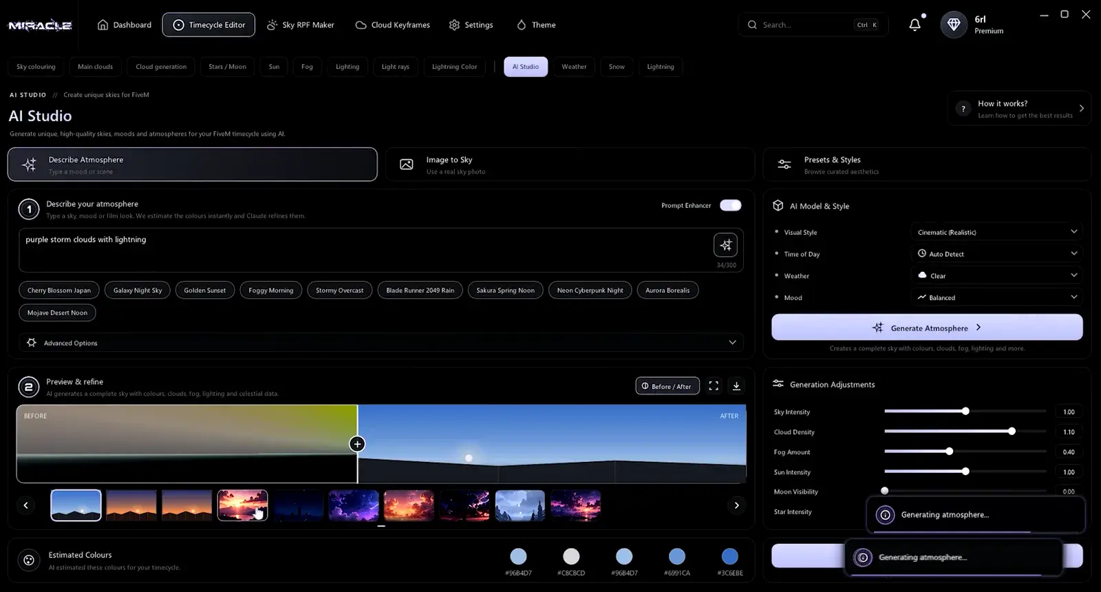 Miracle Studio — AI Studio generating “purple storm clouds with lightning”