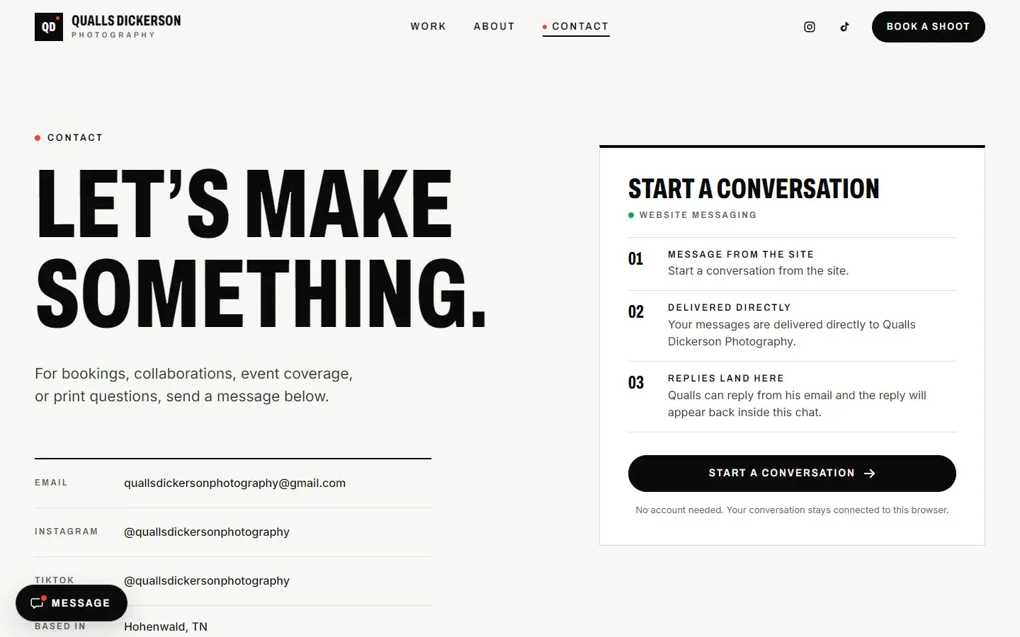 Qualls Dickerson Photography — the contact page and website chat